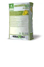 Mortero de acabado mineral, eco‑compatible, referencia Rasobuild Eco Extrafino de Kerakoll. Blanco